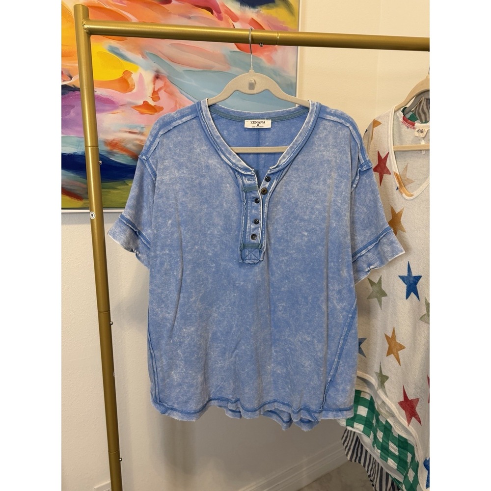 Zenana Women's Boho Raw Hems Short Sleeve Oversized Shirt Medium‎ blue